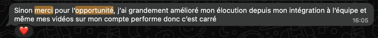 Message : élocution améliorée et vidéos qui performent depuis l'intégration